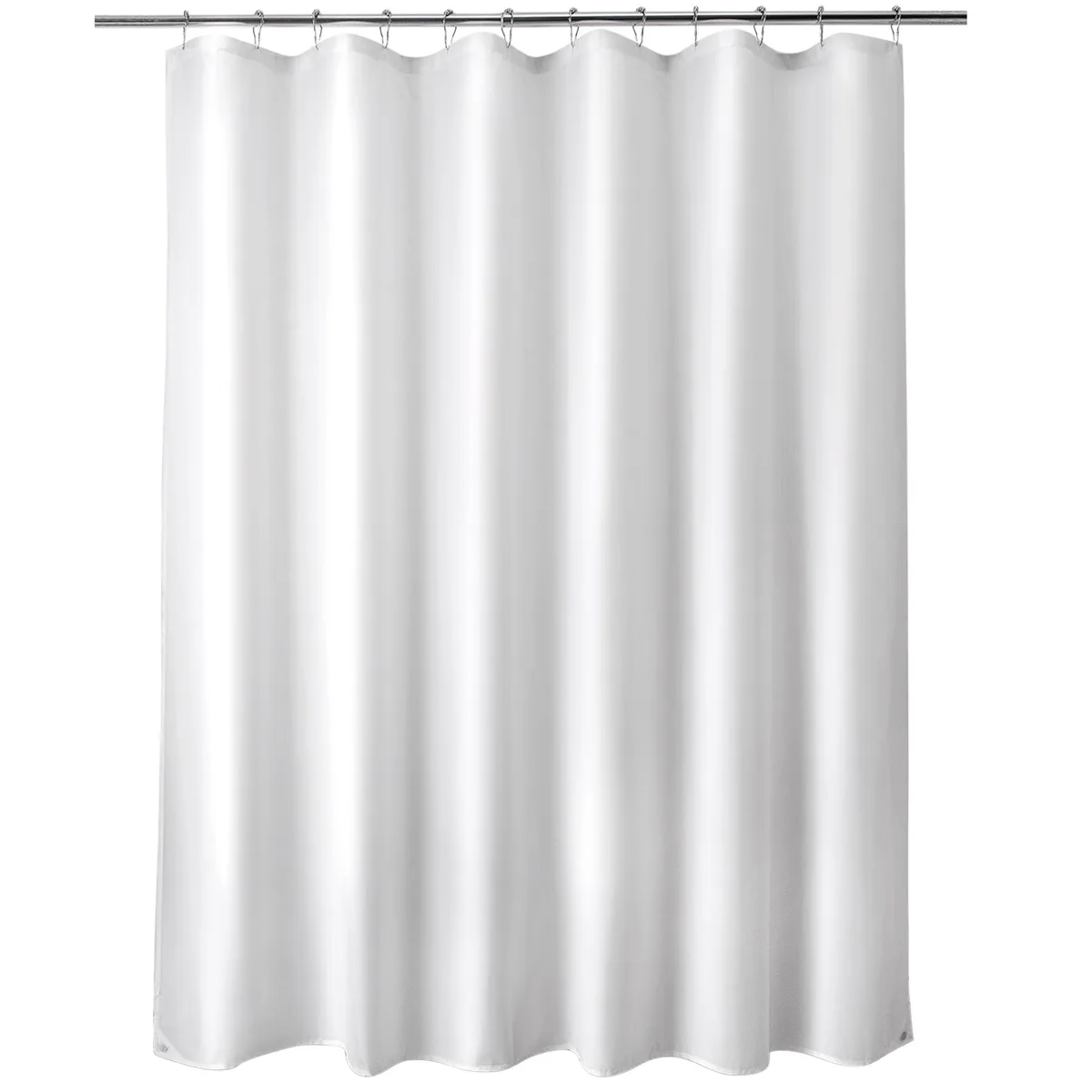 White fabric shower curtain liner, 70 by 72 inches, with 12 buttonholes and bottom magnets