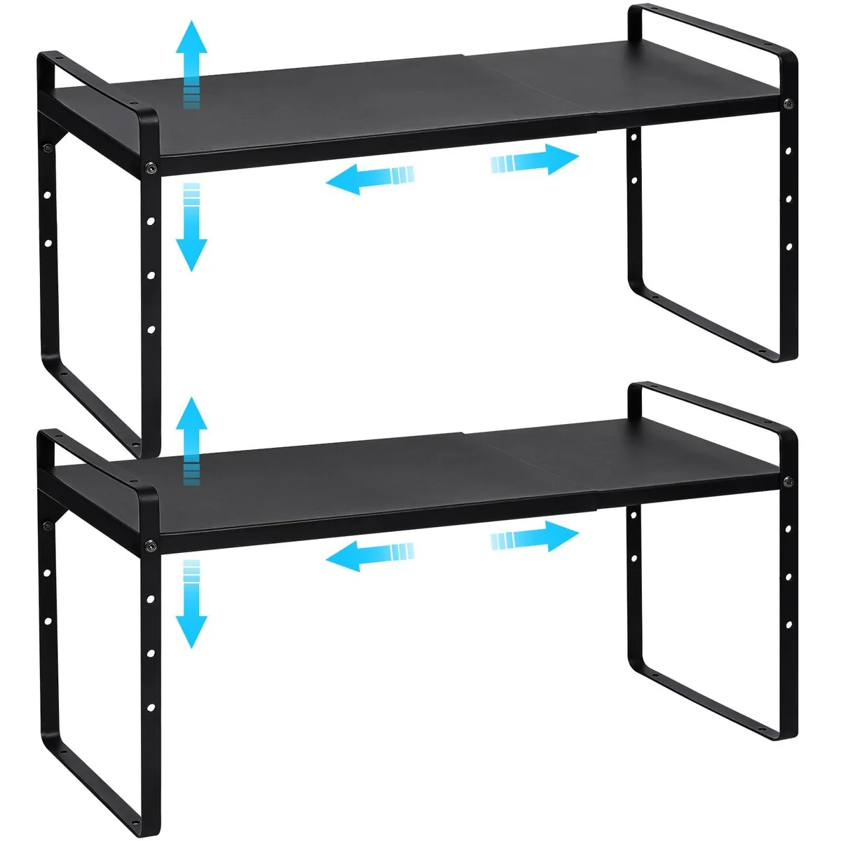 Red plastic expandable two-tier cabinet shelf set, adjustable width and height