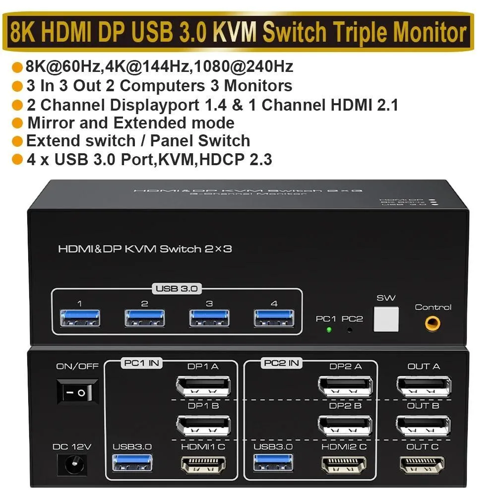 ESTONE ESTONE SW232-2DP1HD 8K 2DP+HDMI KVM Switch 3 Monitors 2 Computers — product photo