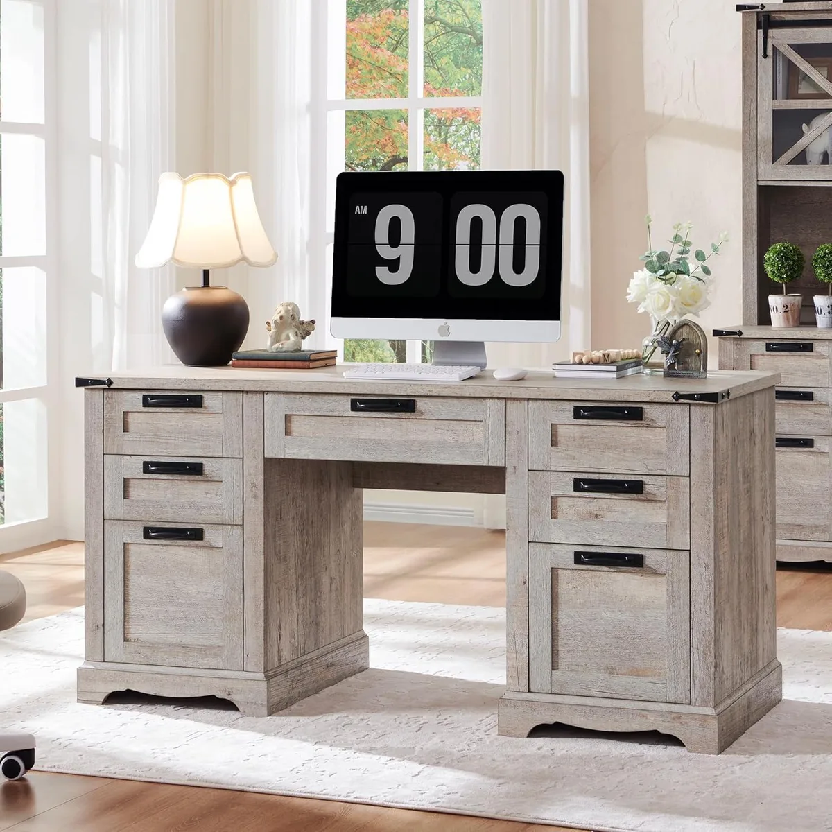 BFKK BFKK 60" Farmhouse Executive Desk with Drawers, Gray office furniture — product photo