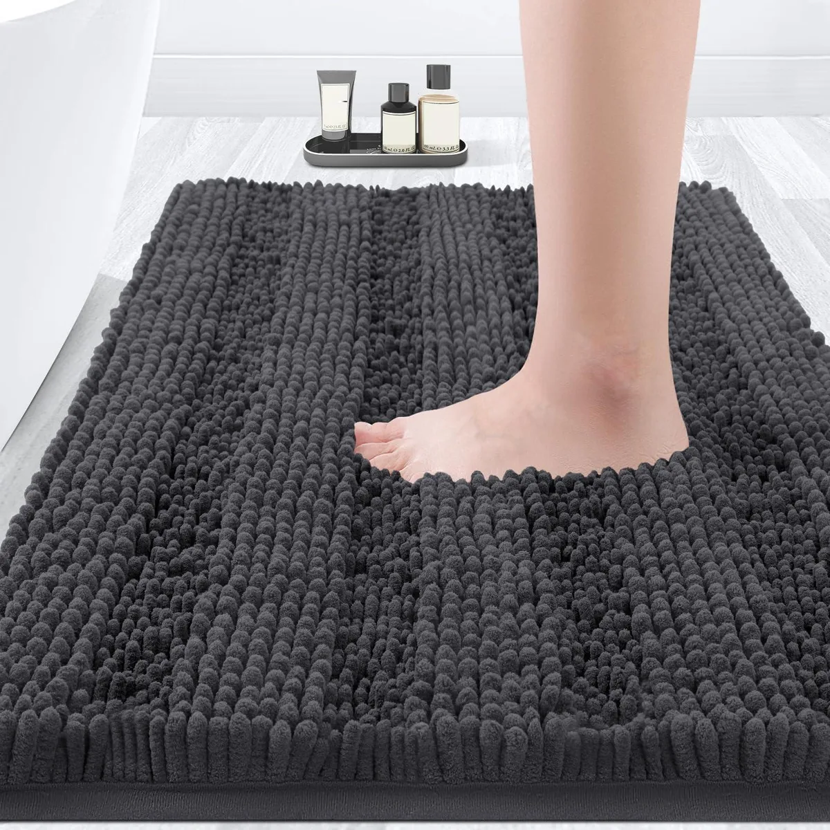 Dark grey rectangular chenille rug 32 by 20 inches plush textured surface