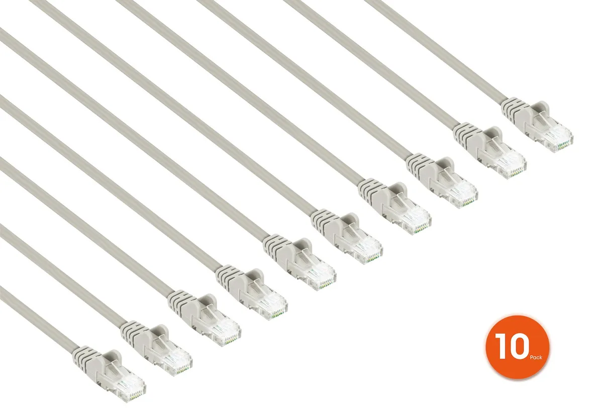 Ten slim gray Cat6 patch cables with RJ45 connectors, one foot each