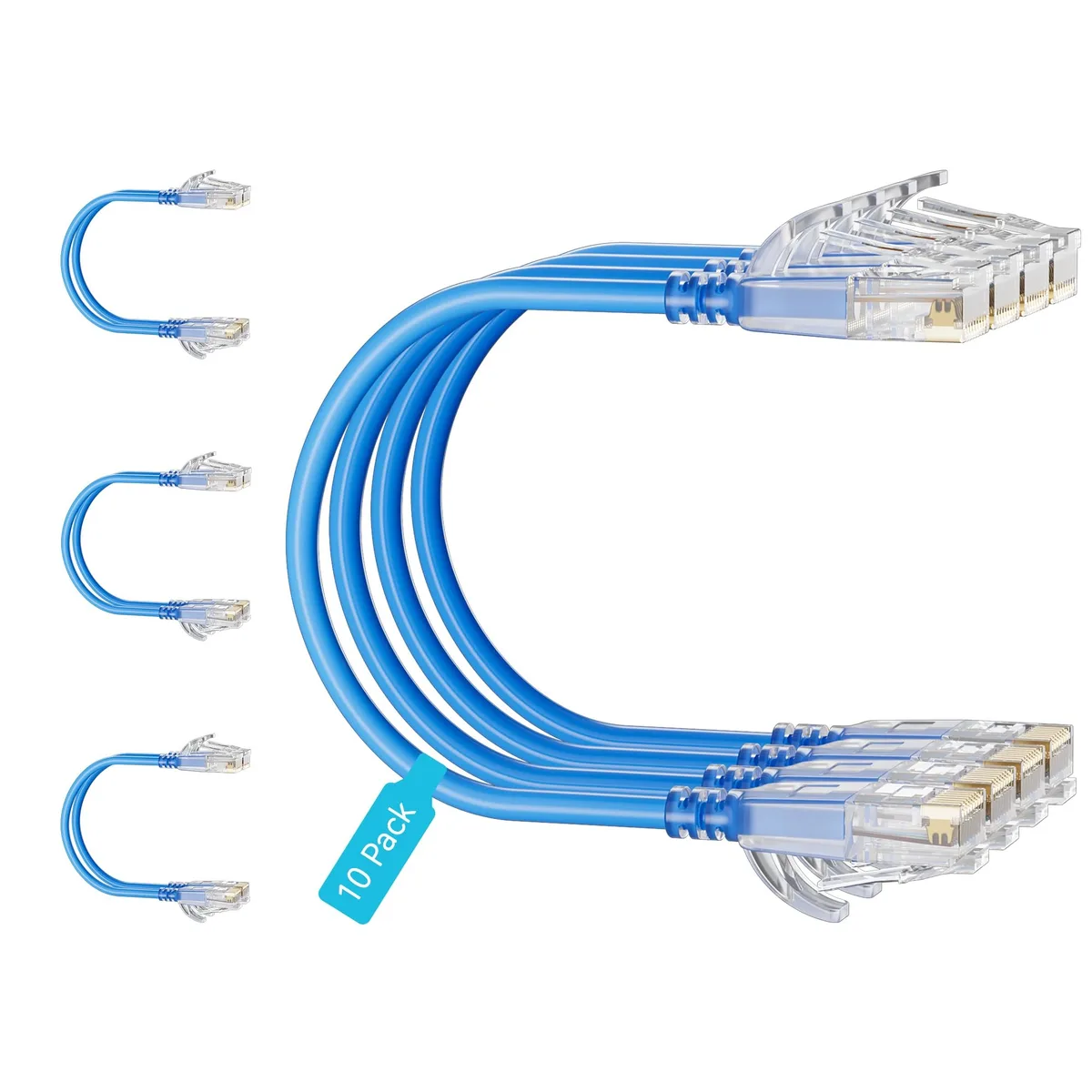 Ten blue Cat6a slim Ethernet cables with RJ45 connectors