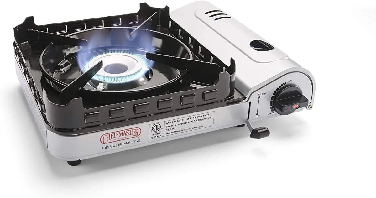 Silver portable butane stove with piezo ignition and wind guards