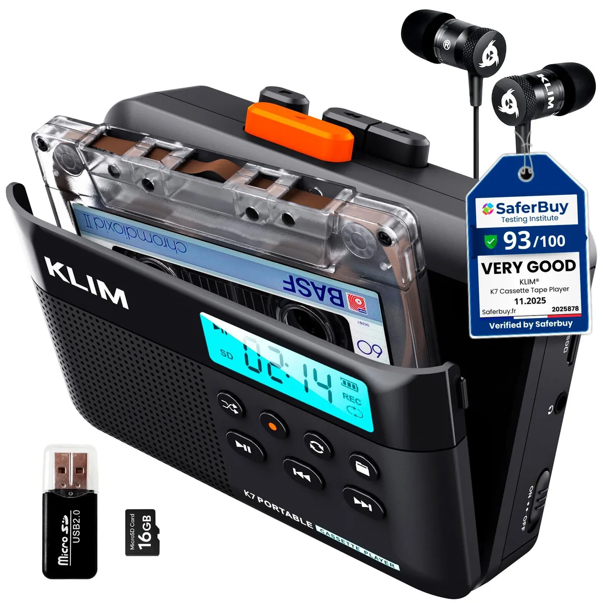 KLIM K7 Cassette Player 16GB SD Card Black Orange — product photo