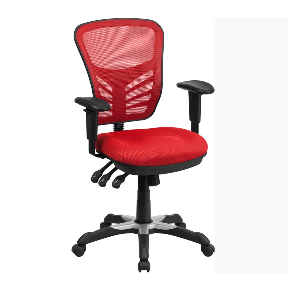 Red mesh mid-back office chair with adjustable padded arms and swivel base