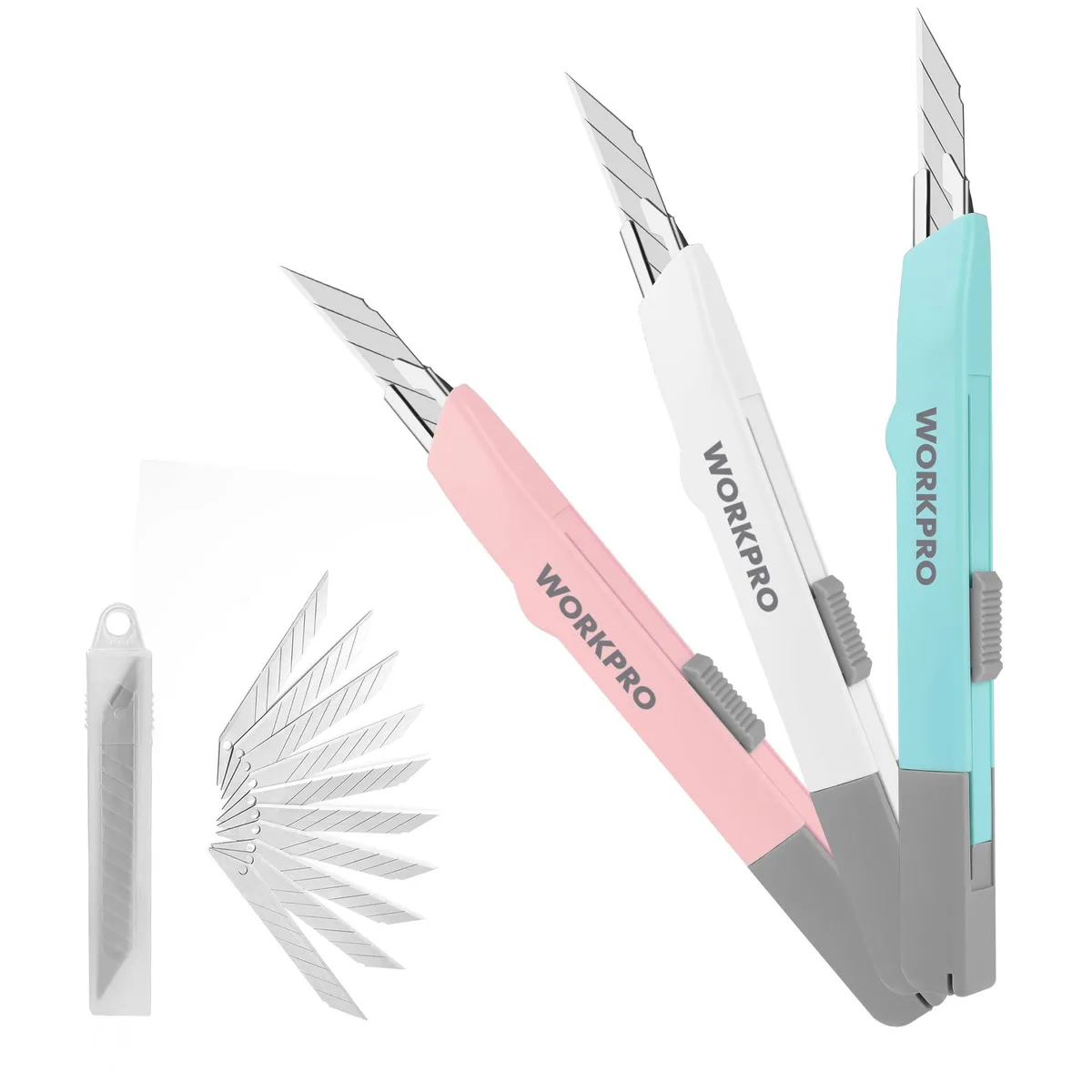 Three retractable utility knives with silver metal frames and black ABS handles plus ten spare blades