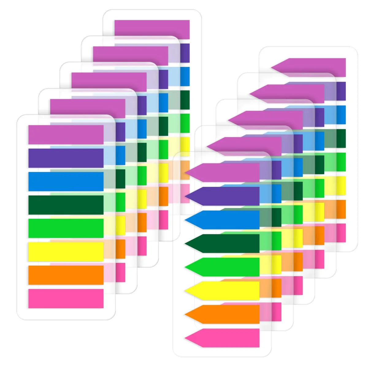 Ten pads of translucent fluorescent arrow flags in eight colours, 0.47 by 2 inches