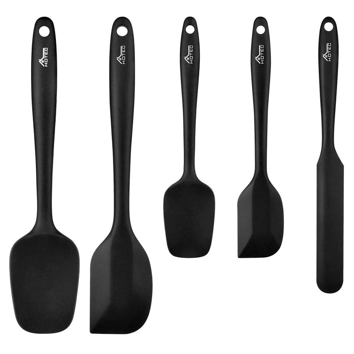 Five silver silicone cooking utensils with bamboo handles, 27 cm longest piece