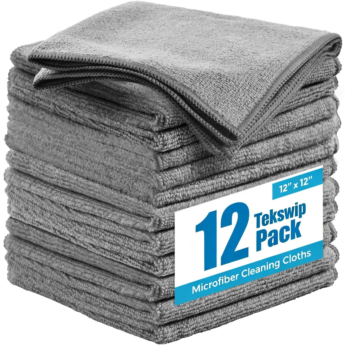 Stack of twelve square gray microfiber cloths, each twelve by twelve inches