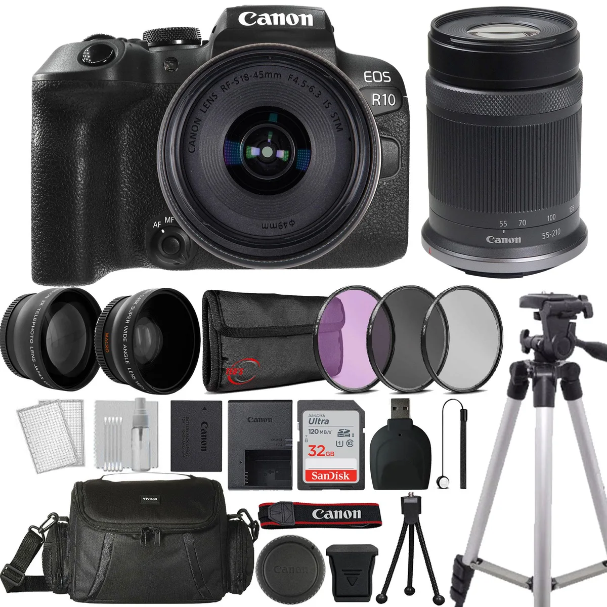 Canon Canon EOS R10 24.2MP APS-C mirrorless camera with RF-S 18-45mm and RF-S 55-210mm lenses — product photo