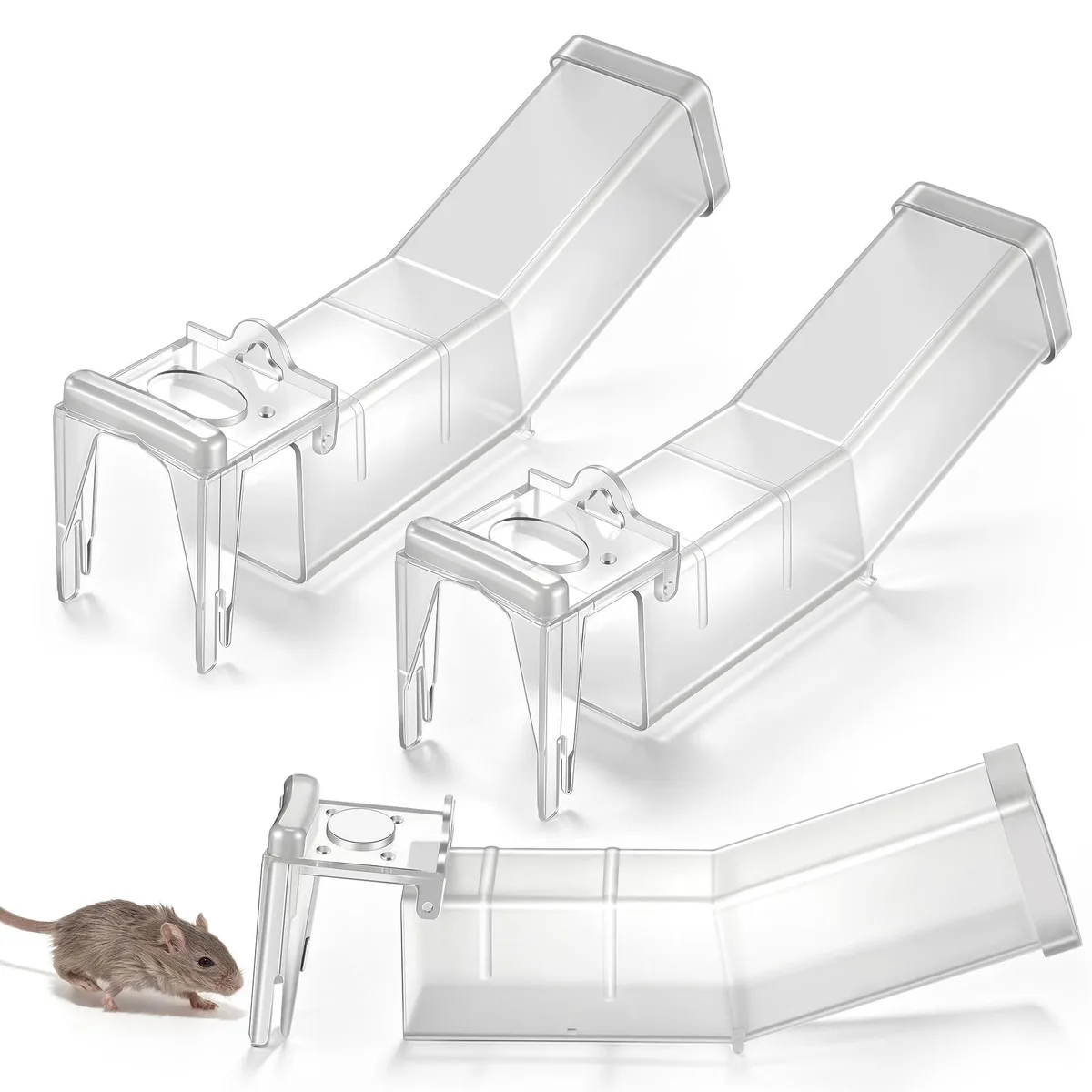 Three clear ABS mouse traps, gravity operated, 6.5 x 1.6 x 1.6 in
