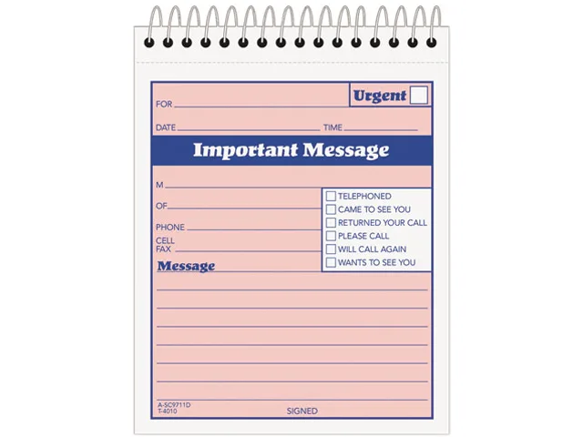 TOPS 4010 telephone message book, two-part carbonless, 50 sets, top-bound with fax and mobile fields