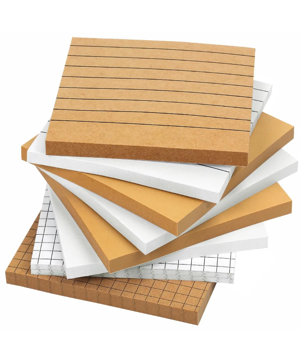 Eight square sticky-note pads in white and kraft tones, 3 by 3 inches, 60 sheets each