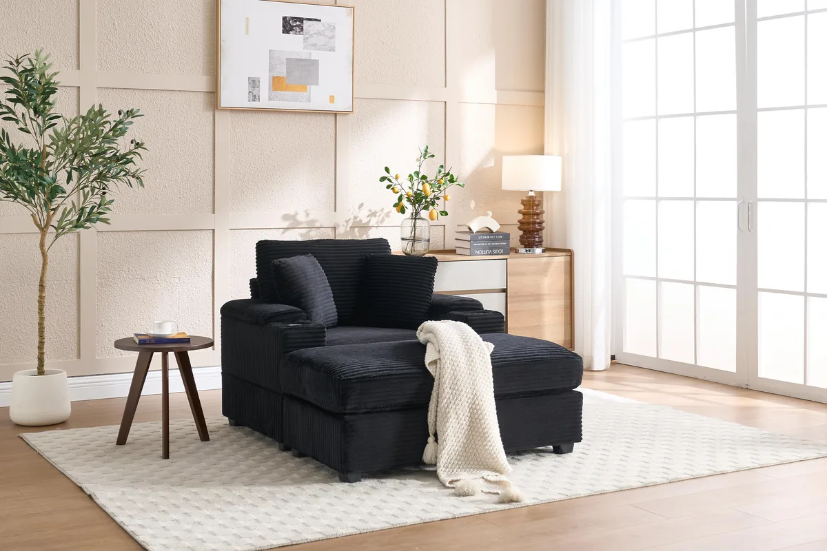 tuphen tuphen Corduroy Chaise Lounge Sofa Black with Ottoman Storage Cupholders — product photo