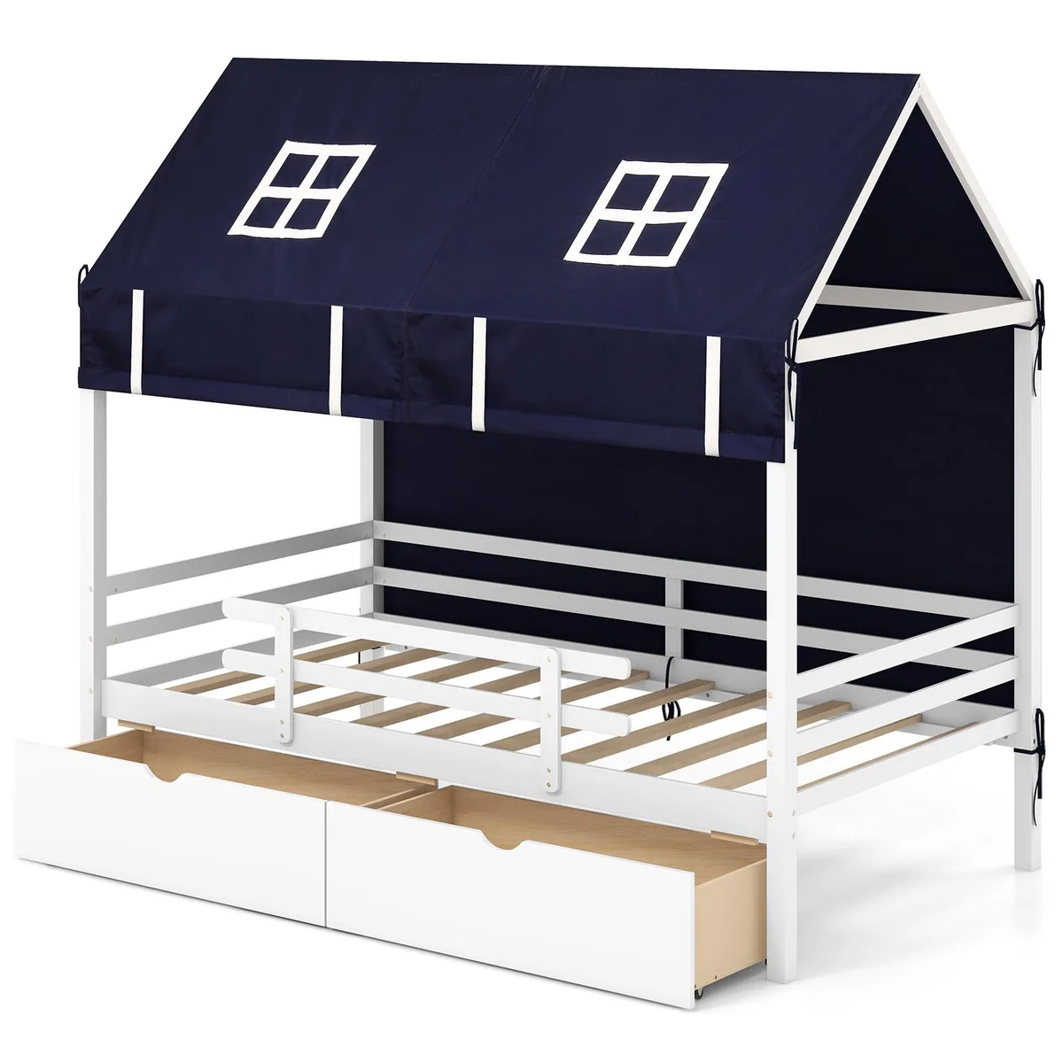 SlickBlue SlickBlue Twin House Bed with Tent, 2 Drawers, White/Blue — product photo