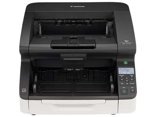 Large rectangular desktop document scanner in dark grey and black finish with a 500 sheet feeder tray on top