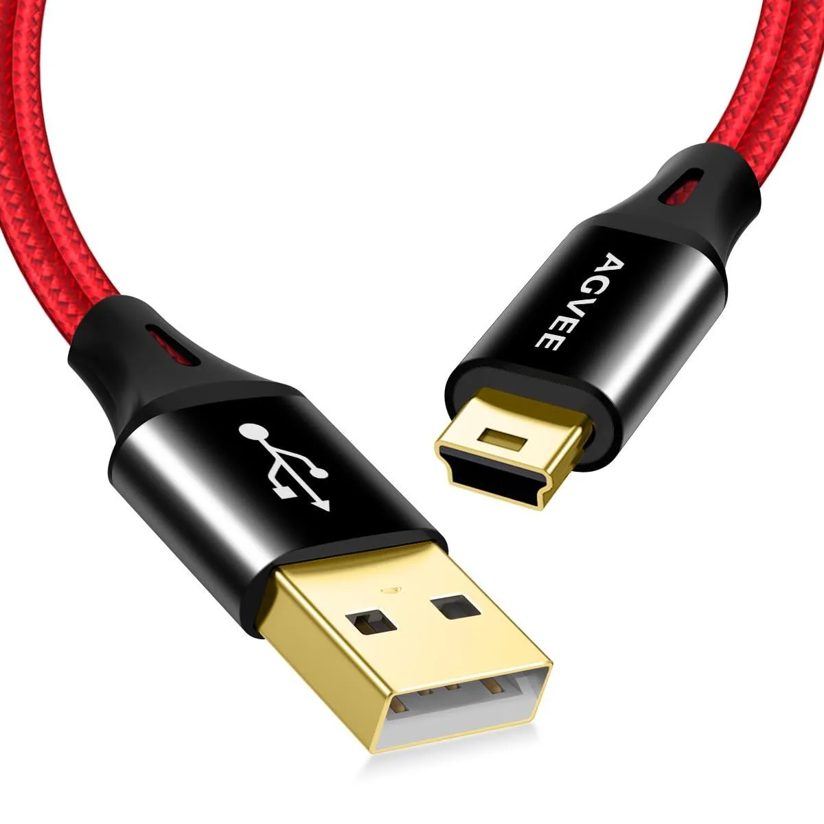 Two red braided USB-A to Mini-B cables, 6.0 ft each, gold-plated connectors