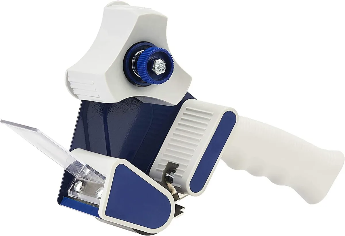 Blue and white plastic hand-held tape dispenser gun with ergonomic handle and metal flap