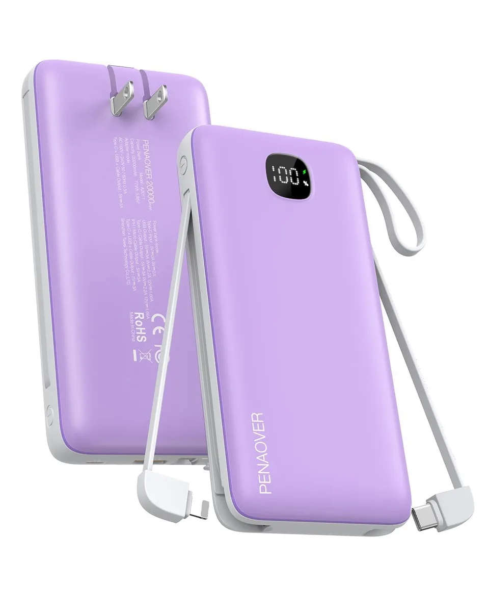 Purple rectangular power bank with built-in cables and wall plug, LED display, 5.7 by 2.7 by 1.08 inches