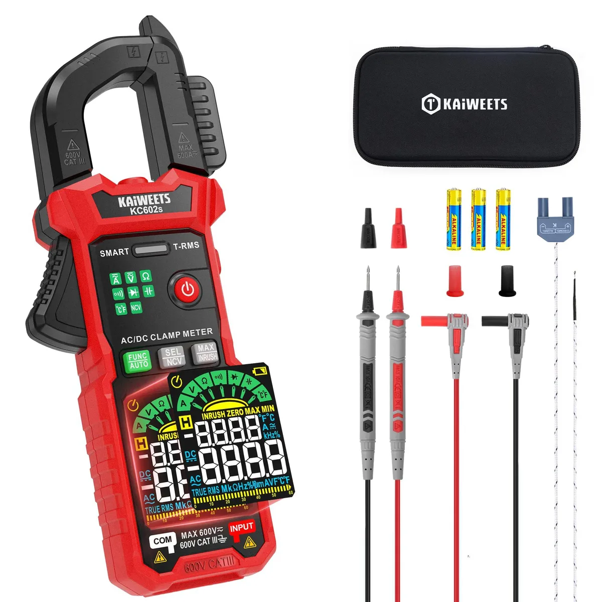 Dark handheld clamp meter with D-shaped jaw, LCD screen and test leads in storage case