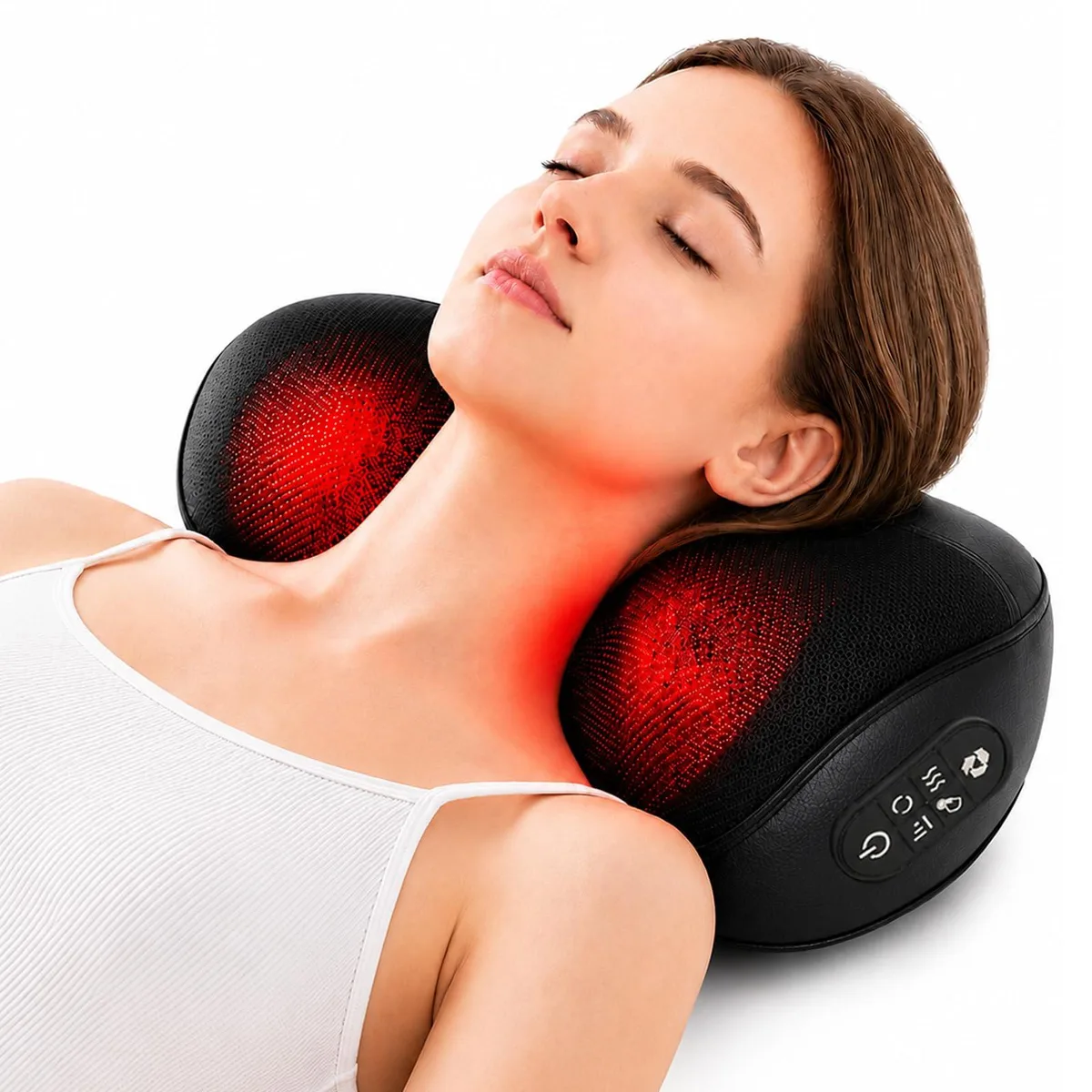 Rectangular carbon black massage pillow with mesh and leather panels, side controls visible