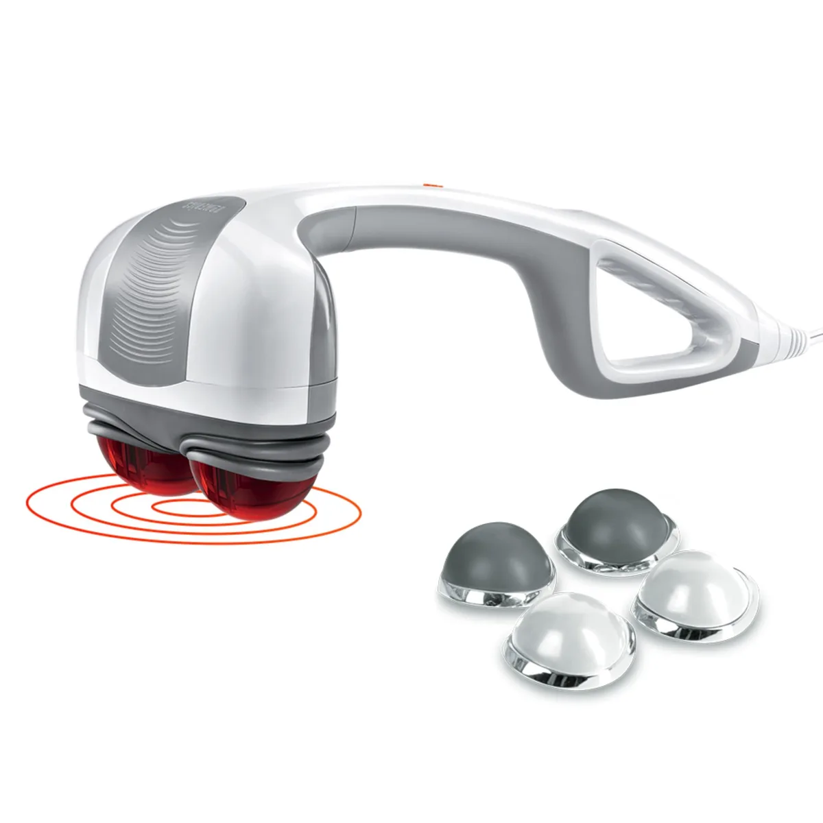 White handheld percussion massager with rubber handle and dual pivoting heads, corded electric