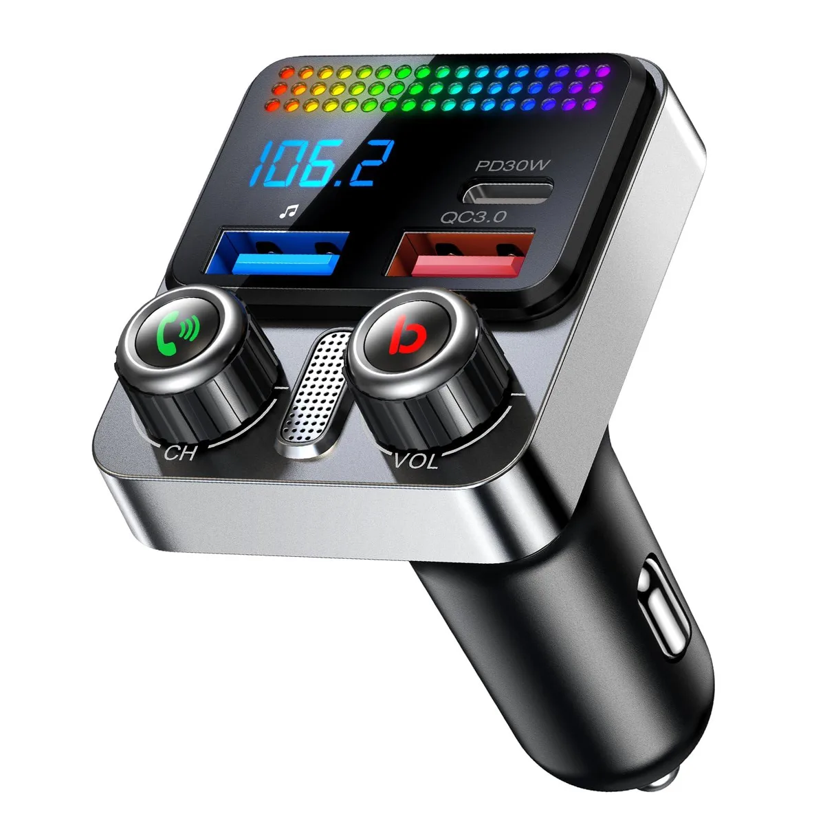 Compact Bluetooth 5.4 car adapter with matrix LED lighting, USB-C and USB-A ports