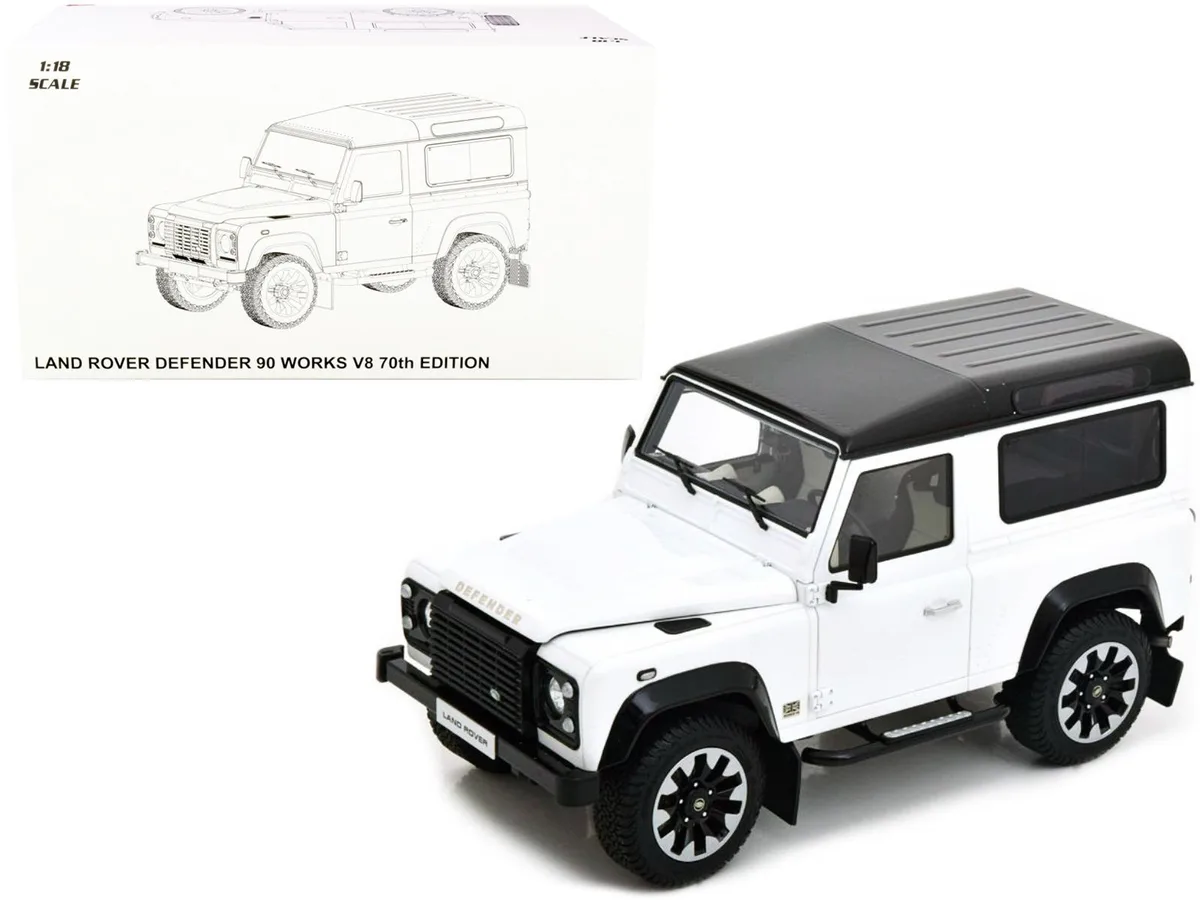 LCD Models LCD Models Land Rover Defender 90 Works V8 White Gloss Black Top 70th Edition 1/18 Diecast Car — product photo