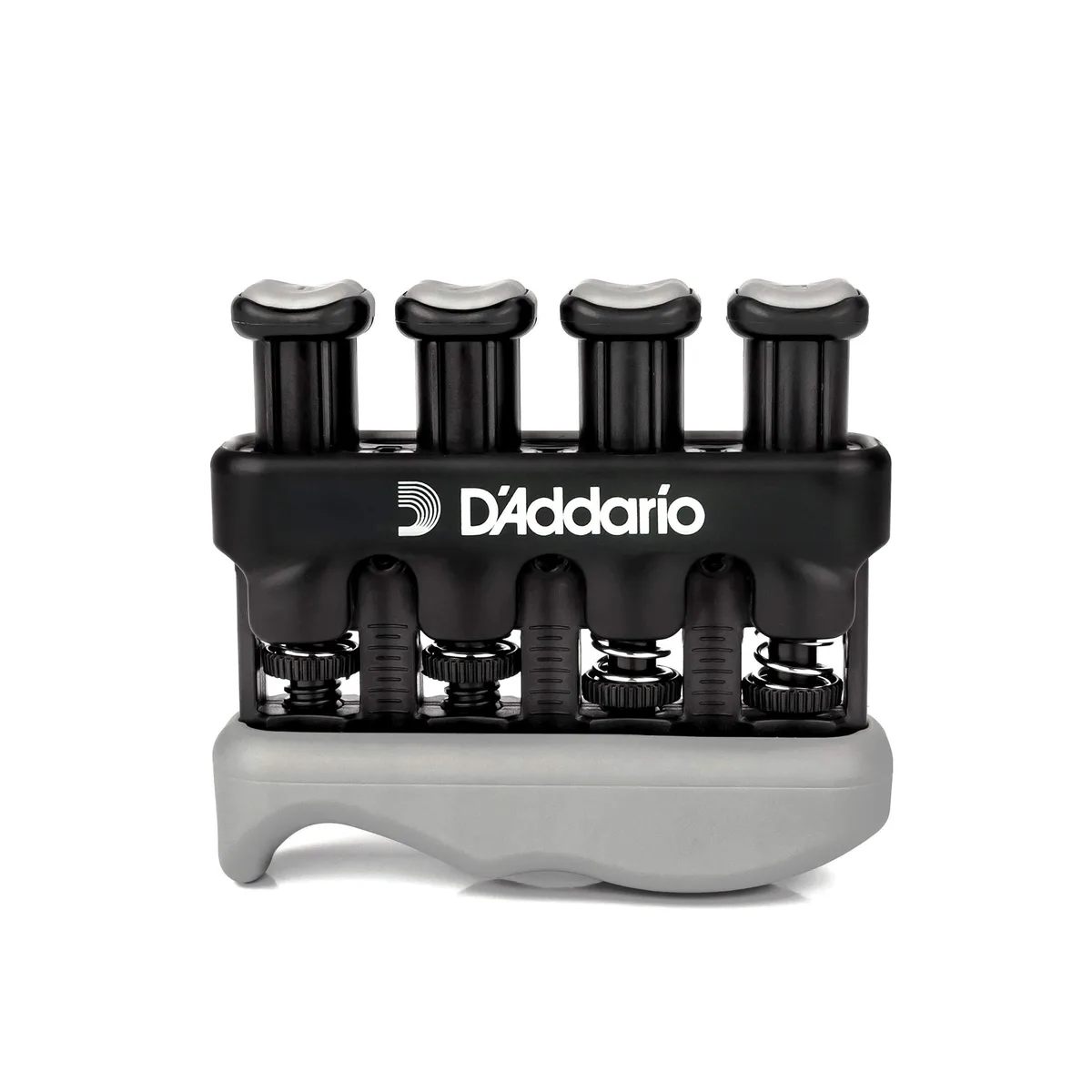 Black cylindrical hand exerciser with adjustable finger pistons and reversible moulded grip