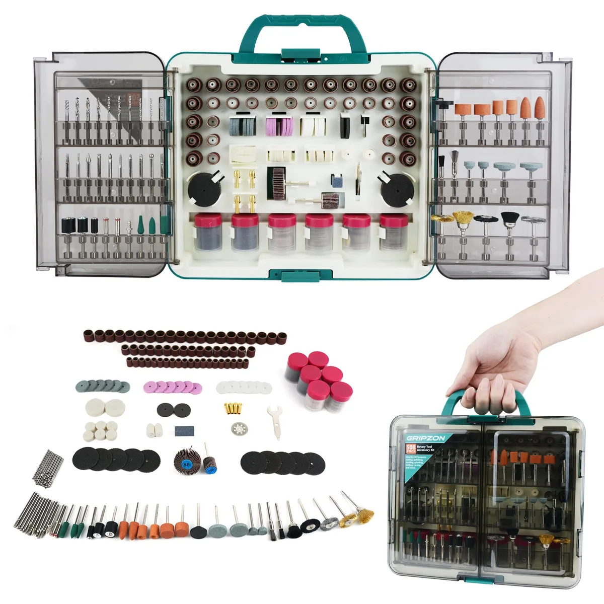 Large plastic case packed with 508 rotary tool bits and accessories