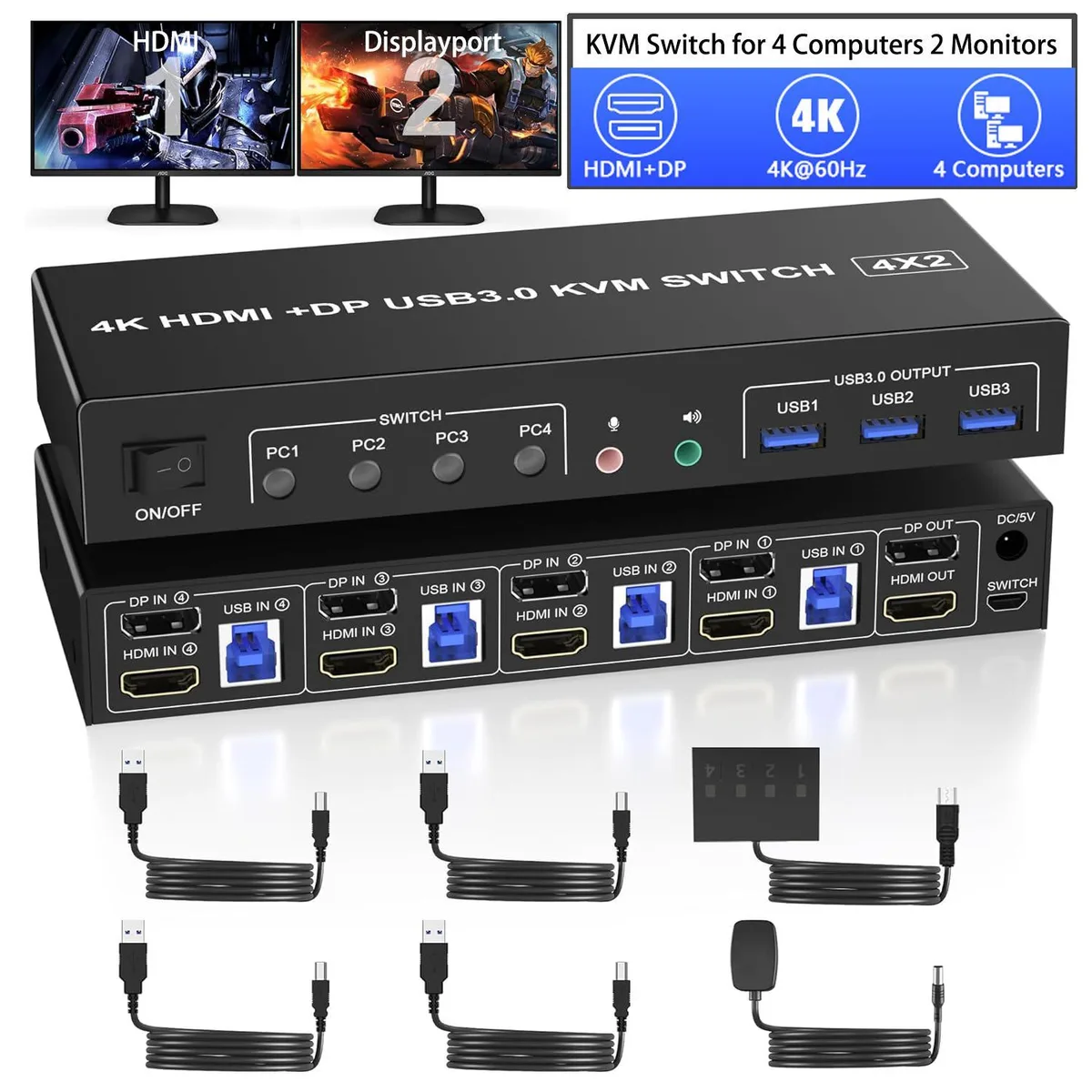 WRIARICH WRIARICH 4-Port HDMI+DP Dual Monitor KVM Switch 4K@60Hz — product photo