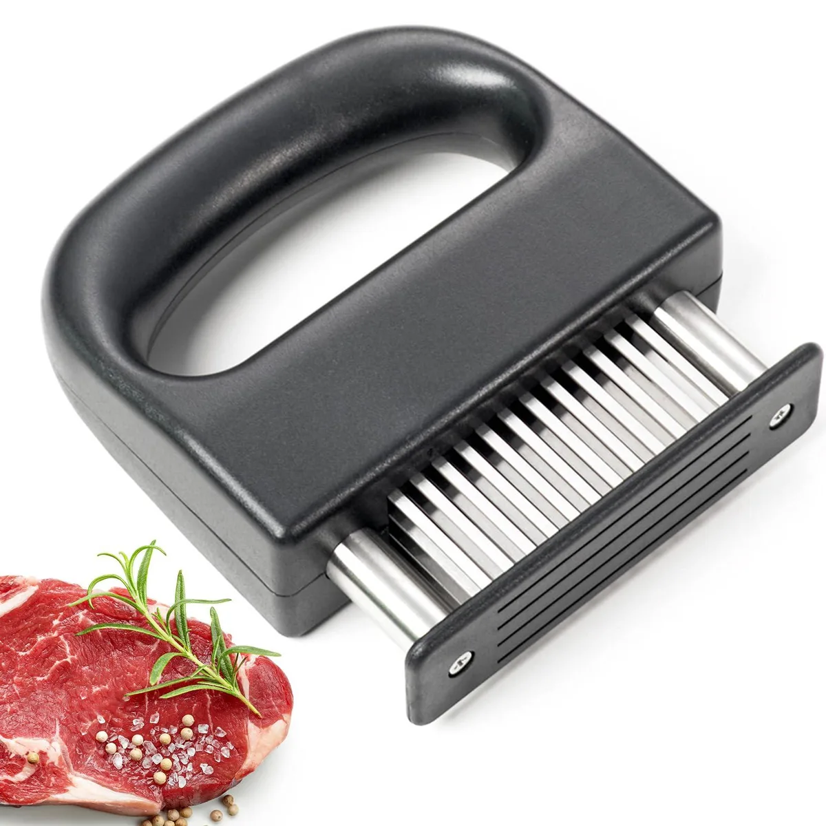 Silver stainless steel meat tenderizer with 48 needle blades and ergonomic handle