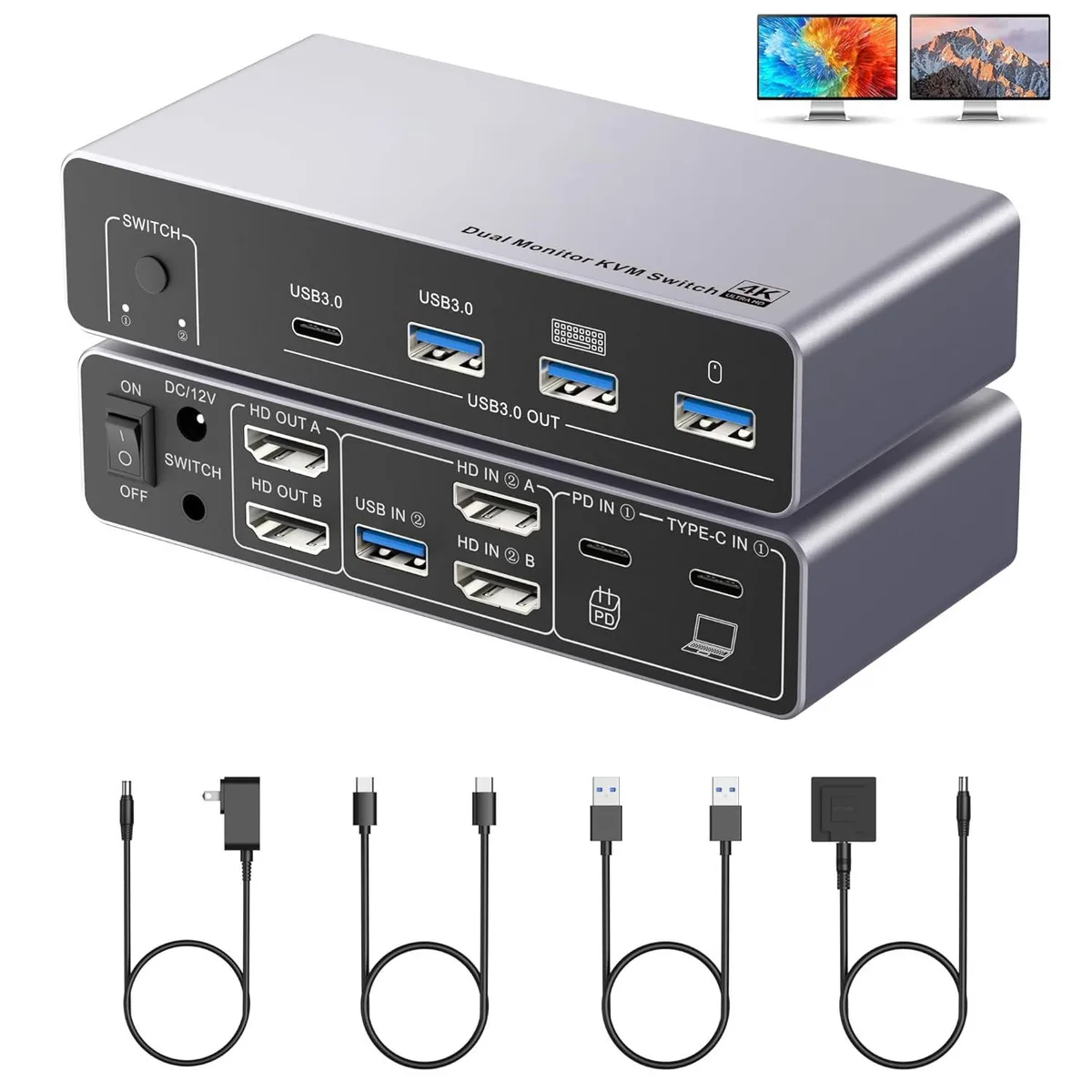 WRIARICH WRIARICH USB C HDMI KVM Switch 2 Monitors 4K@60Hz 80W PD — product photo