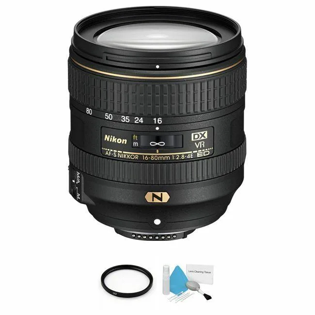 Nikon Inc Nikon AF-S DX NIKKOR 16-80mm f/2.8-4E ED VR camera lens with UV filter and cleaning kit — product photo