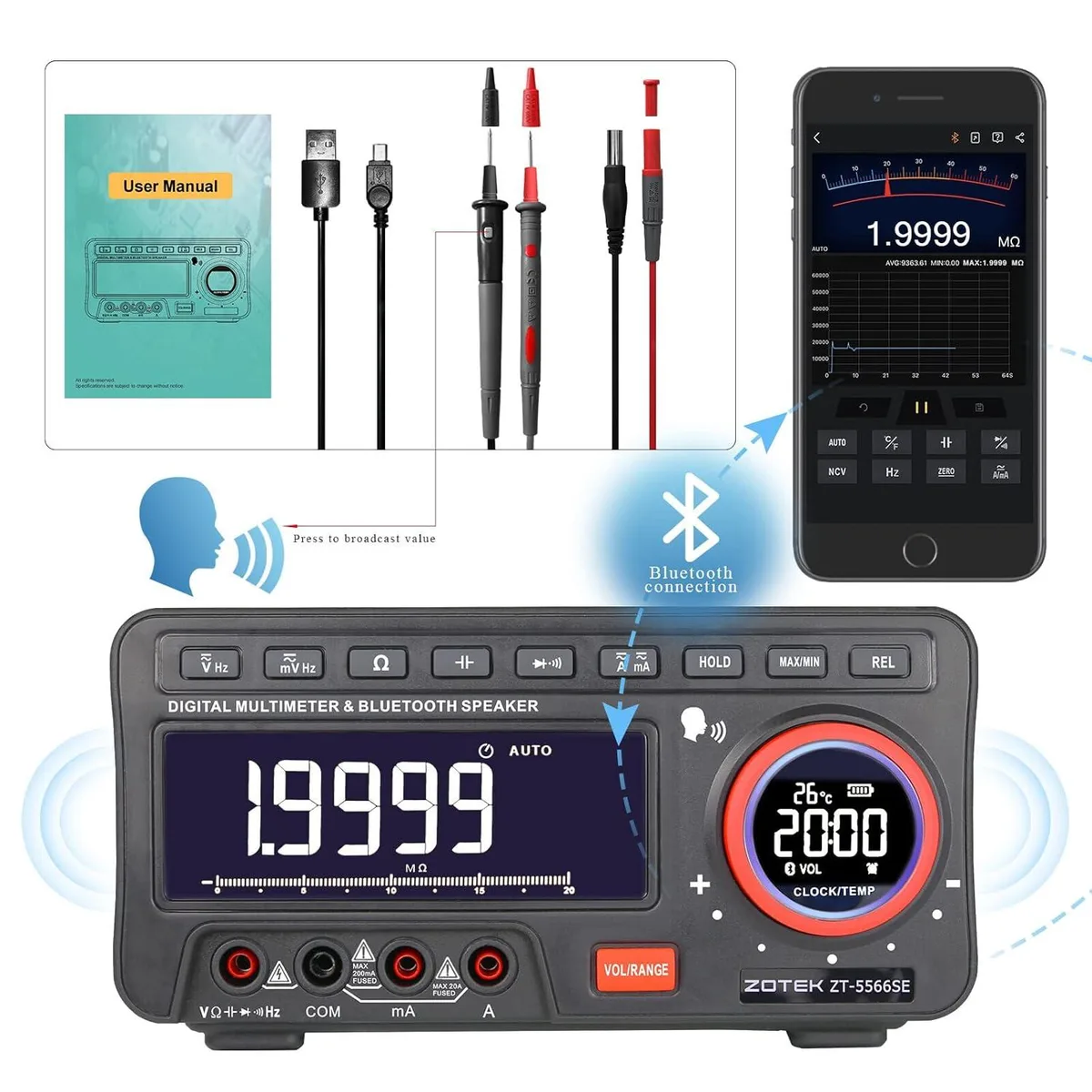 Orange handheld digital multimeter with large LCD screen and built-in speaker grille