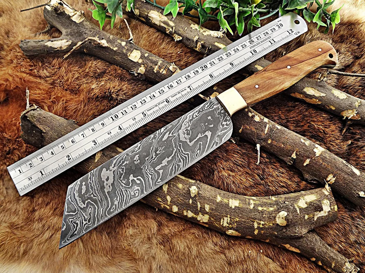 Damascus Depot Damascus Depot 12" Butcher Knife 7" Blade Kow Wood Brass Bolster — product photo