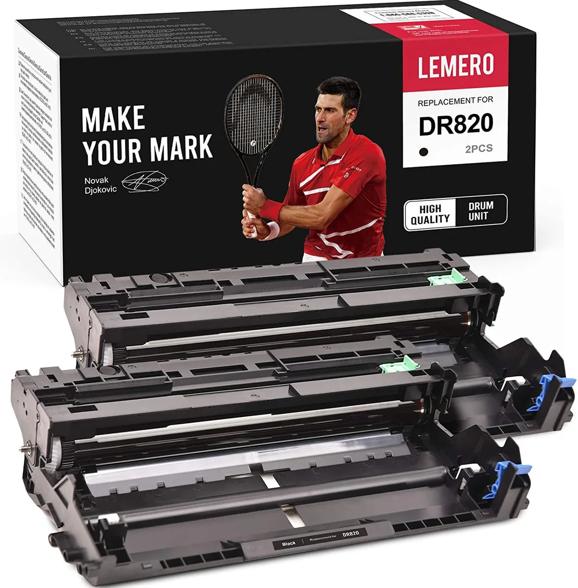 Two black drum units in rectangular plastic casings with green roller visible
