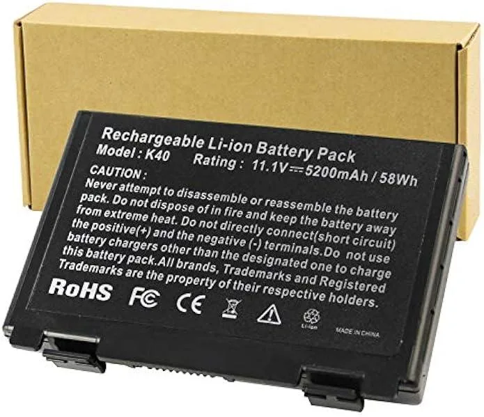 Black rectangular laptop battery pack with six cells and connector pins