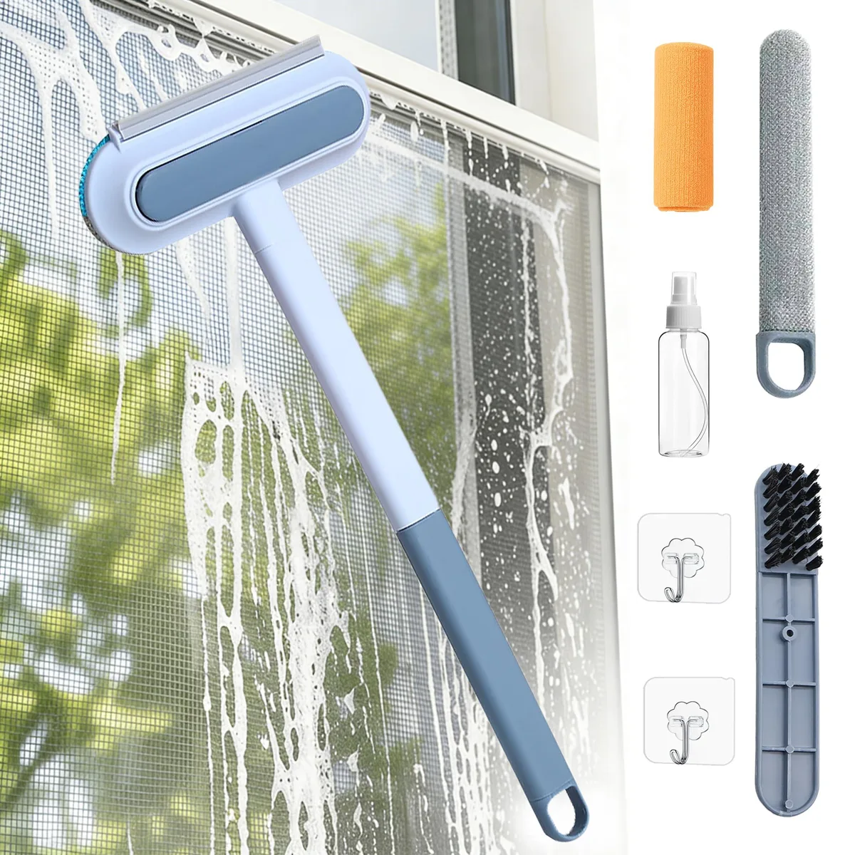 Black 6-in-1 window screen cleaning kit with detachable brushes, squeegee, spray bottle and microfiber cloth