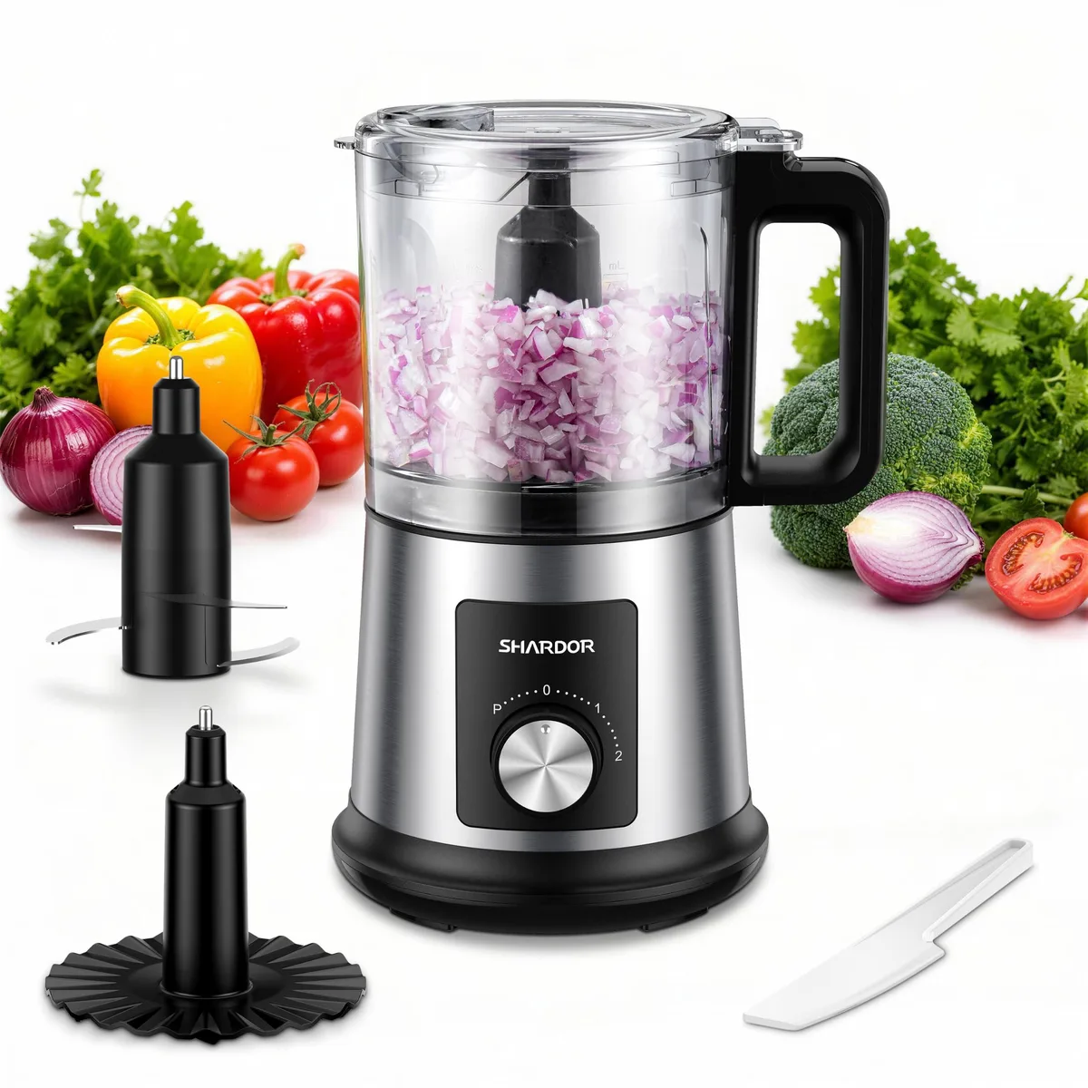 Silver stainless steel food processor, compact square shape, 4 cup bowl with whisk and blades