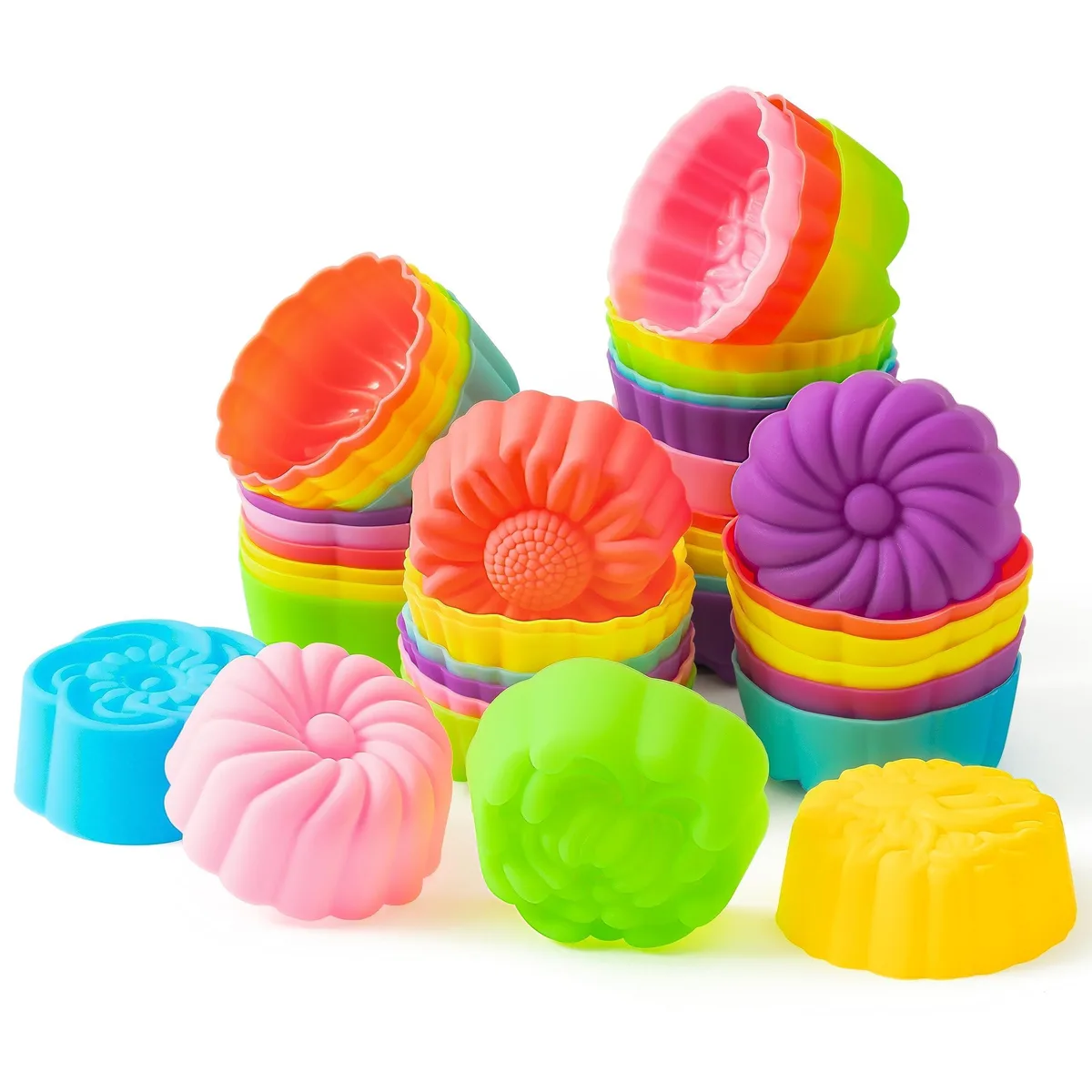 42 colourful flower-shaped silicone baking cups in a set