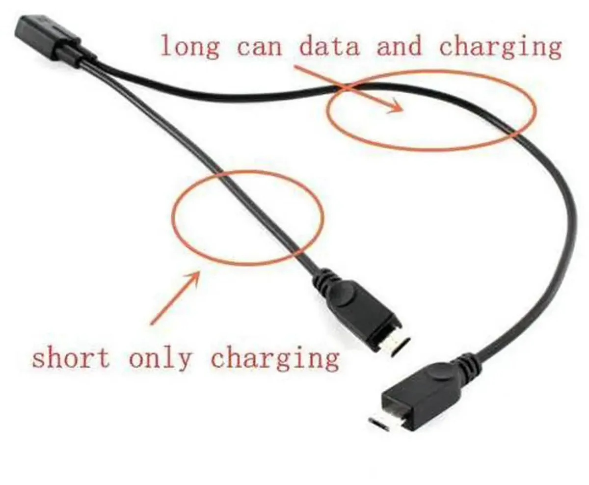 A Y-shaped Micro USB 2.0 splitter cable with one female port and two male plugs, black PVC jacket and moulded connectors