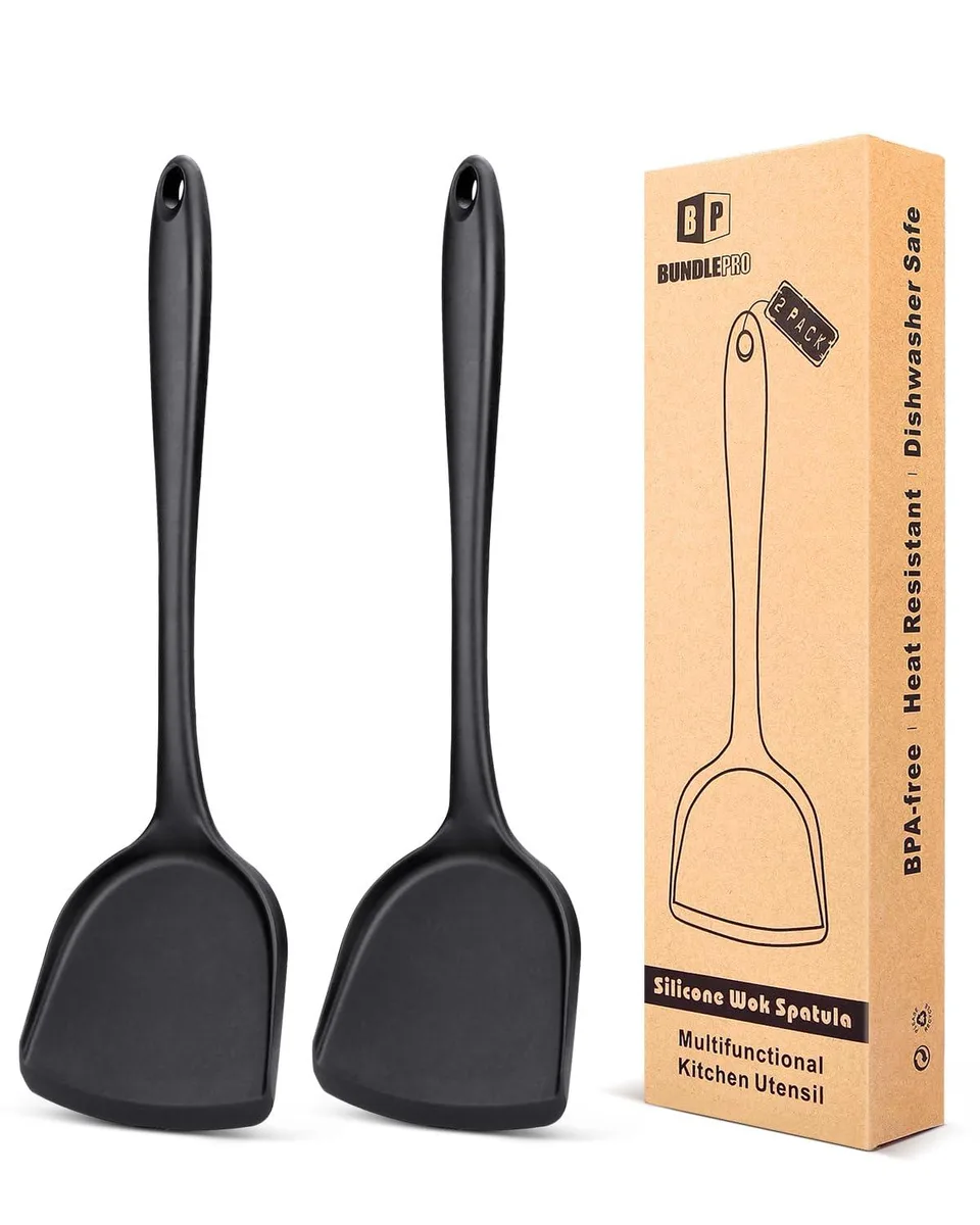 Two black silicone wok spatulas, seamless one-piece design, 13 inches long
