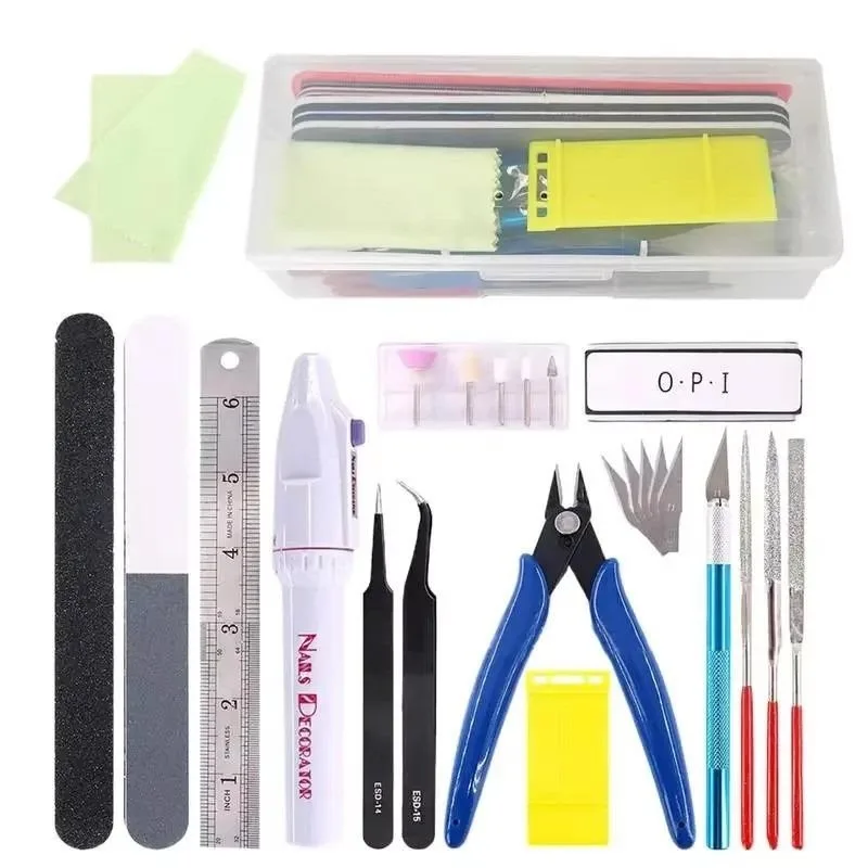 14-piece Gundam tool kit in multi-colour plastic case with metal and ABS tools