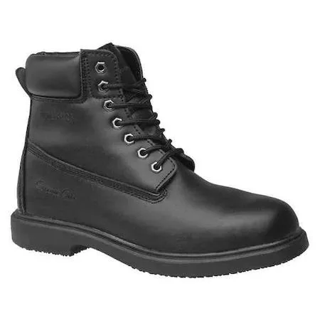 Black leather lace-up work boot with defined heel, six-inch height, wide fit