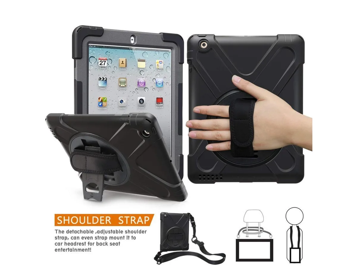Black rugged iPad case with rotating hand strap and shoulder strap