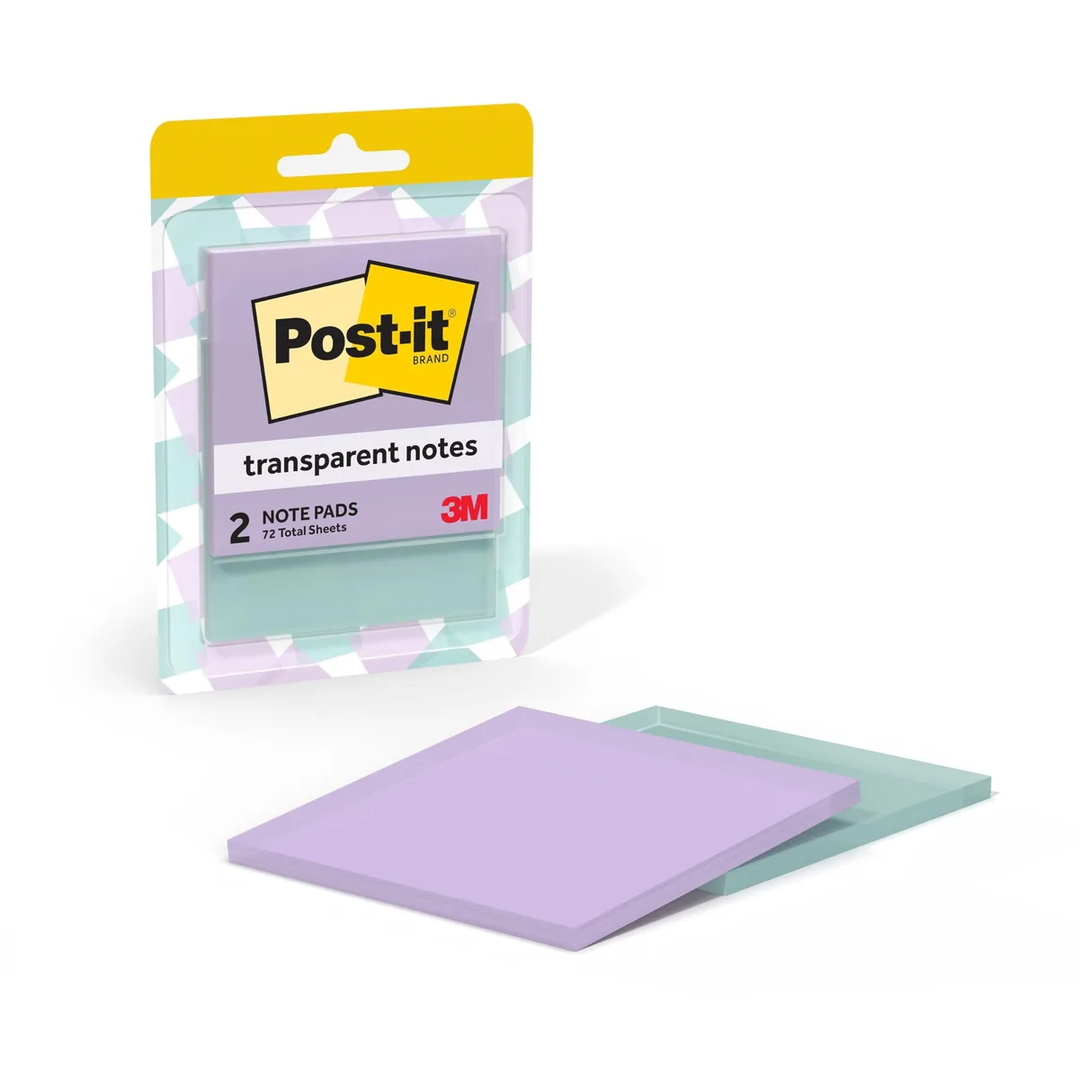 Two square pads of pastel purple and green transparent sticky notes