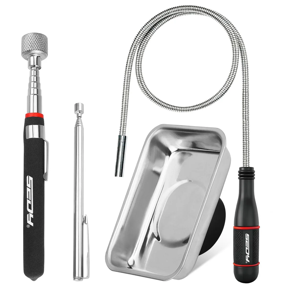 Four-piece magnetic pickup tool set with telescoping, pen, flexible, and tray tools