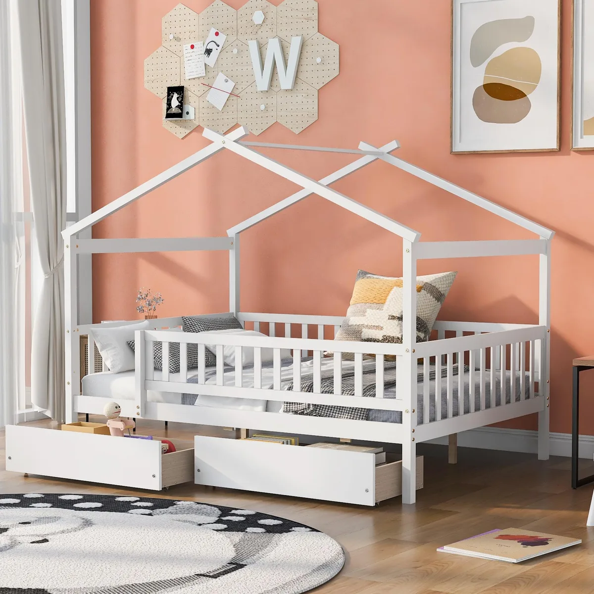 tuphen tuphen Full Size Wooden House Bed with Two Drawers White 79.5''L x 57''W x 62.9''H — product photo